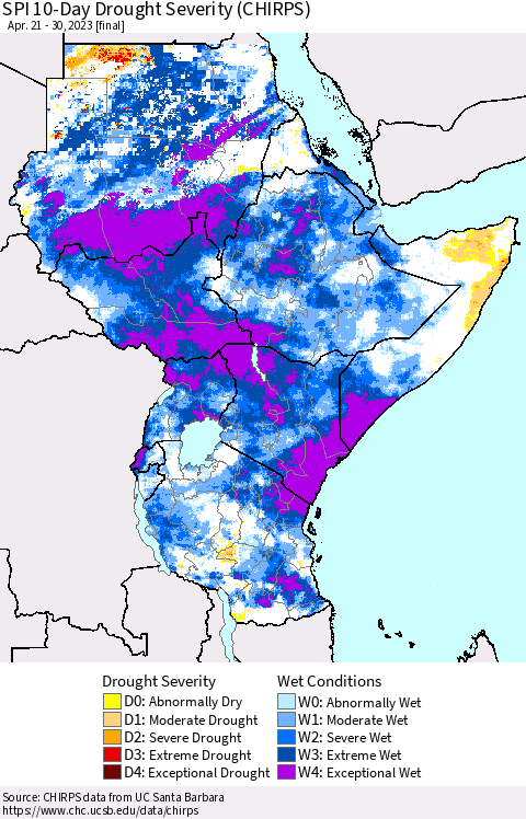 Eastern Africa SPI 10-Day Drought Severity (CHIRPS) Thematic Map For 4/21/2023 - 4/30/2023