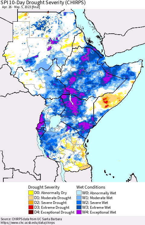 Eastern Africa SPI 10-Day Drought Severity (CHIRPS) Thematic Map For 4/26/2023 - 5/5/2023