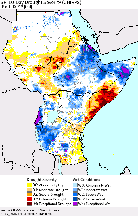 Eastern Africa SPI 10-Day Drought Severity (CHIRPS) Thematic Map For 5/1/2023 - 5/10/2023