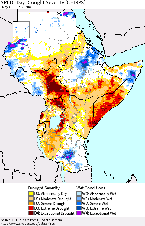 Eastern Africa SPI 10-Day Drought Severity (CHIRPS) Thematic Map For 5/6/2023 - 5/15/2023