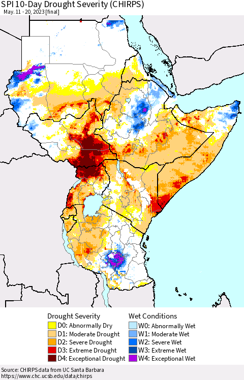 Eastern Africa SPI 10-Day Drought Severity (CHIRPS) Thematic Map For 5/11/2023 - 5/20/2023