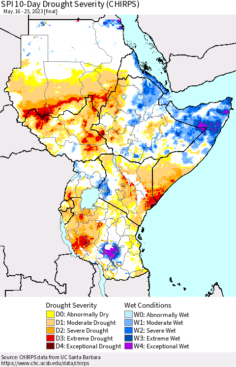 Eastern Africa SPI 10-Day Drought Severity (CHIRPS) Thematic Map For 5/16/2023 - 5/25/2023