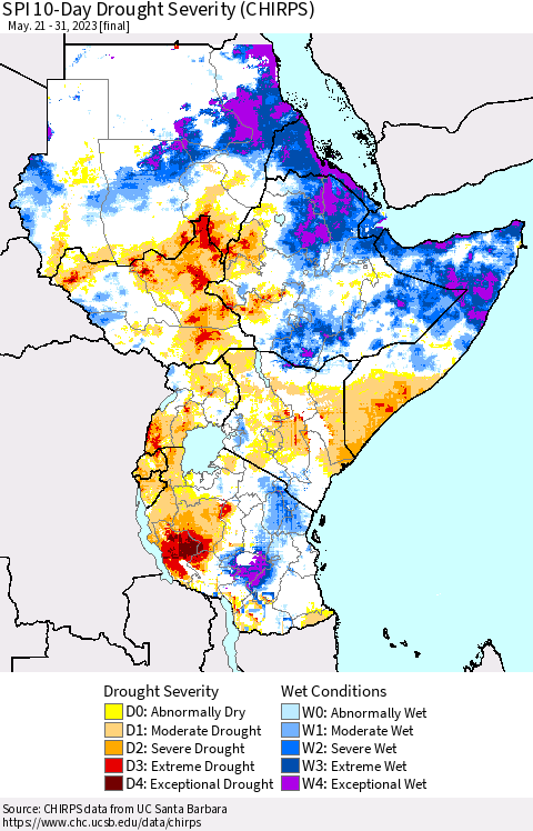 Eastern Africa SPI 10-Day Drought Severity (CHIRPS) Thematic Map For 5/21/2023 - 5/31/2023