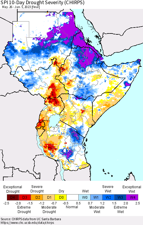 Eastern Africa SPI 10-Day Drought Severity (CHIRPS) Thematic Map For 5/26/2023 - 6/5/2023