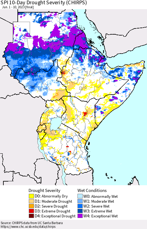 Eastern Africa SPI 10-Day Drought Severity (CHIRPS) Thematic Map For 6/1/2023 - 6/10/2023