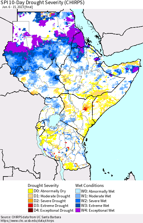 Eastern Africa SPI 10-Day Drought Severity (CHIRPS) Thematic Map For 6/6/2023 - 6/15/2023