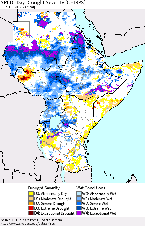 Eastern Africa SPI 10-Day Drought Severity (CHIRPS) Thematic Map For 6/11/2023 - 6/20/2023
