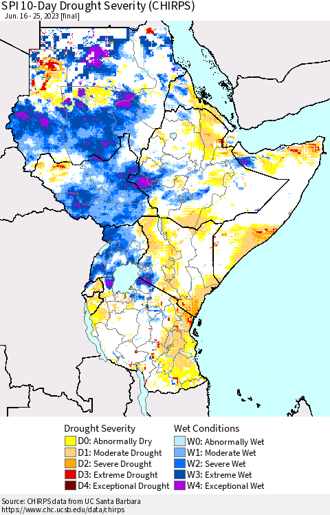Eastern Africa SPI 10-Day Drought Severity (CHIRPS) Thematic Map For 6/16/2023 - 6/25/2023