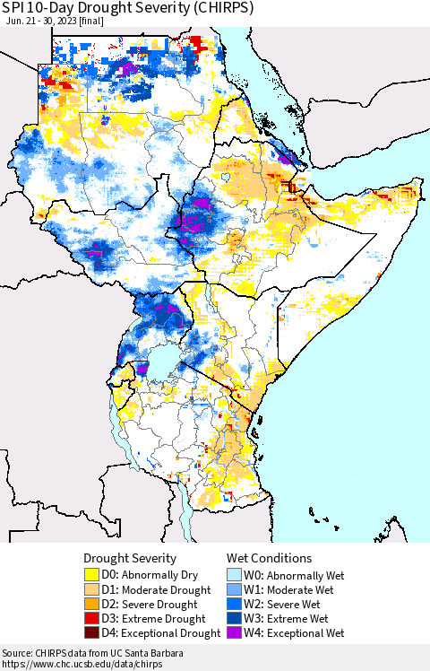 Eastern Africa SPI 10-Day Drought Severity (CHIRPS) Thematic Map For 6/21/2023 - 6/30/2023