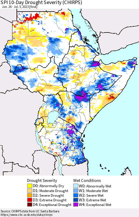 Eastern Africa SPI 10-Day Drought Severity (CHIRPS) Thematic Map For 6/26/2023 - 7/5/2023
