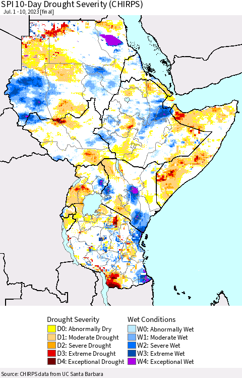 Eastern Africa SPI 10-Day Drought Severity (CHIRPS) Thematic Map For 7/1/2023 - 7/10/2023