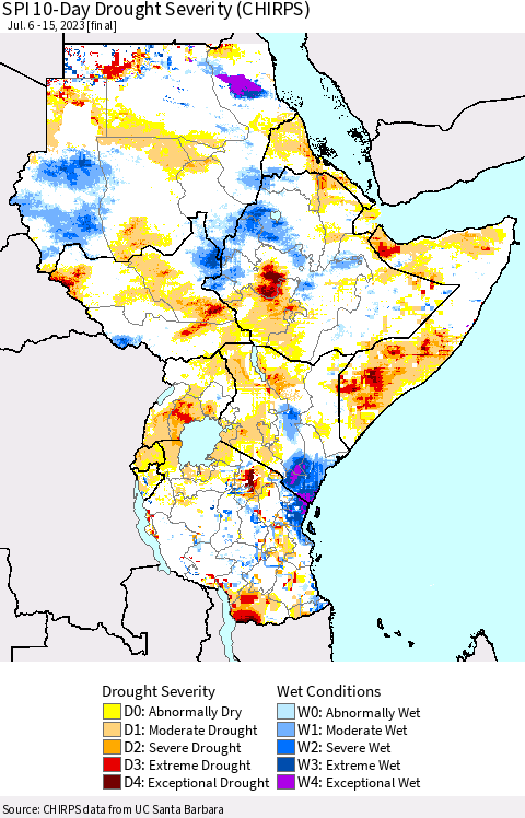 Eastern Africa SPI 10-Day Drought Severity (CHIRPS) Thematic Map For 7/6/2023 - 7/15/2023