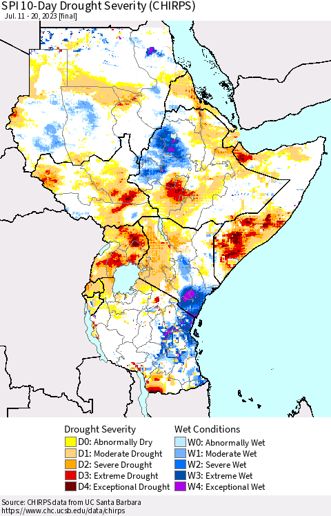 Eastern Africa SPI 10-Day Drought Severity (CHIRPS) Thematic Map For 7/11/2023 - 7/20/2023