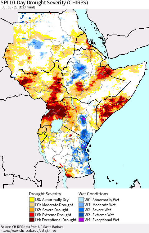 Eastern Africa SPI 10-Day Drought Severity (CHIRPS) Thematic Map For 7/16/2023 - 7/25/2023