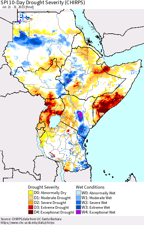 Eastern Africa SPI 10-Day Drought Severity (CHIRPS) Thematic Map For 7/21/2023 - 7/31/2023