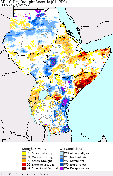 Eastern Africa SPI 10-Day Drought Severity (CHIRPS) Thematic Map For 7/26/2023 - 8/5/2023