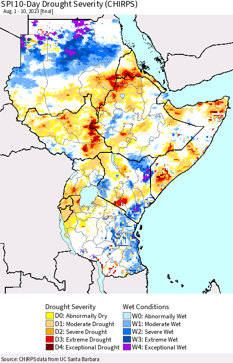 Eastern Africa SPI 10-Day Drought Severity (CHIRPS) Thematic Map For 8/1/2023 - 8/10/2023