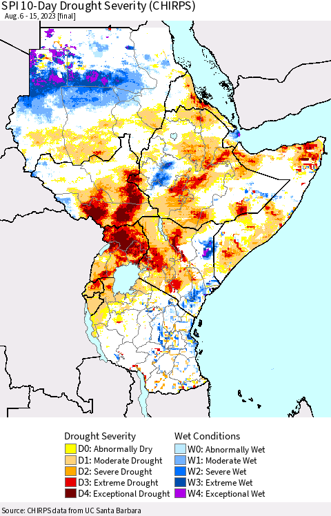 Eastern Africa SPI 10-Day Drought Severity (CHIRPS) Thematic Map For 8/6/2023 - 8/15/2023