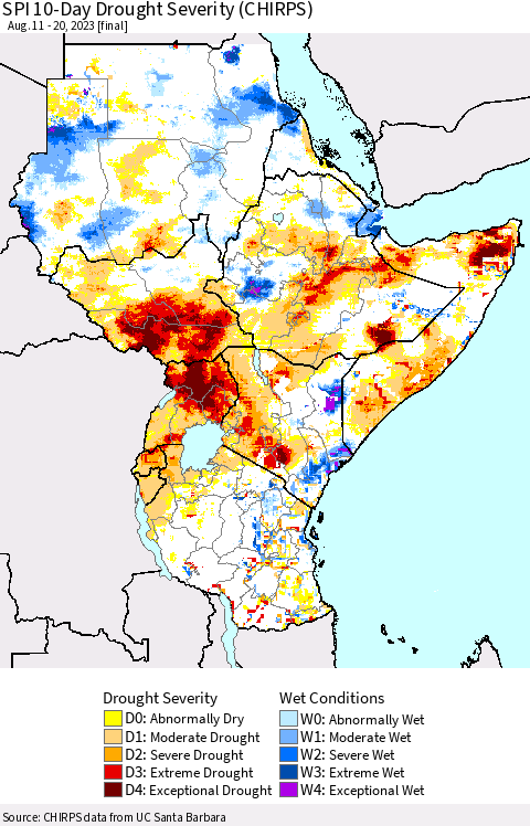 Eastern Africa SPI 10-Day Drought Severity (CHIRPS) Thematic Map For 8/11/2023 - 8/20/2023