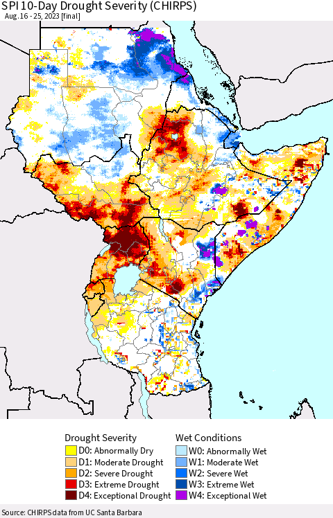 Eastern Africa SPI 10-Day Drought Severity (CHIRPS) Thematic Map For 8/16/2023 - 8/25/2023