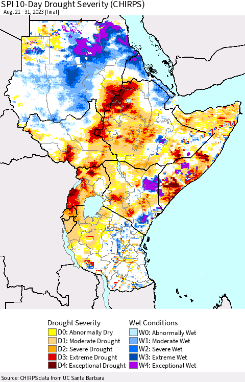 Eastern Africa SPI 10-Day Drought Severity (CHIRPS) Thematic Map For 8/21/2023 - 8/31/2023