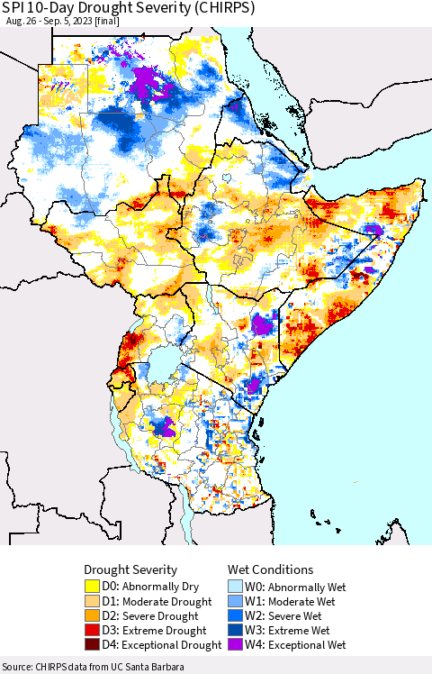 Eastern Africa SPI 10-Day Drought Severity (CHIRPS) Thematic Map For 8/26/2023 - 9/5/2023