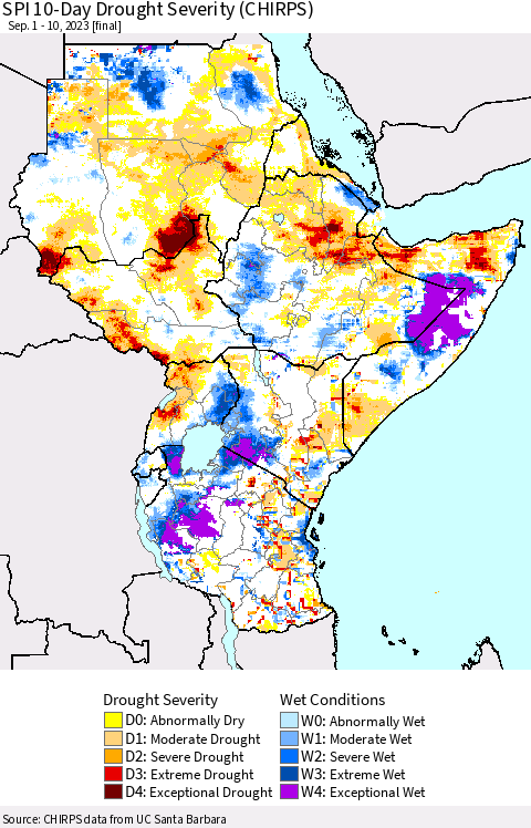 Eastern Africa SPI 10-Day Drought Severity (CHIRPS) Thematic Map For 9/1/2023 - 9/10/2023