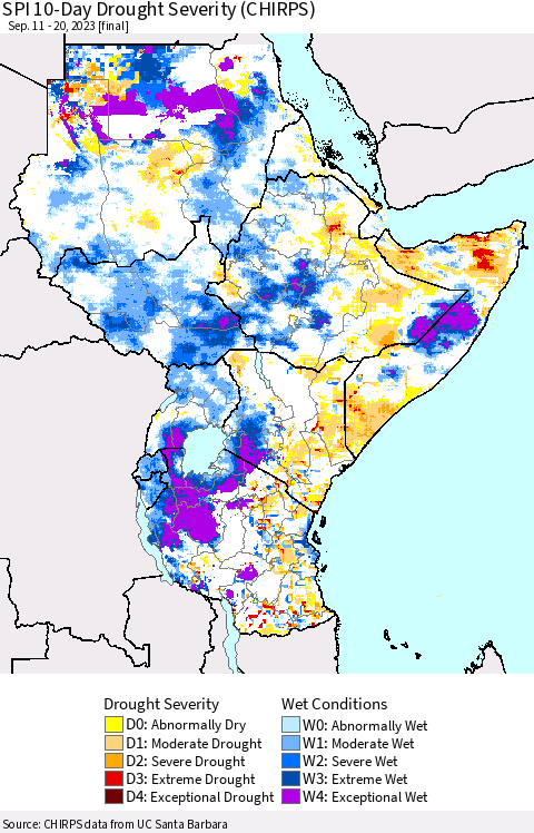 Eastern Africa SPI 10-Day Drought Severity (CHIRPS) Thematic Map For 9/11/2023 - 9/20/2023