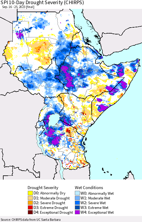 Eastern Africa SPI 10-Day Drought Severity (CHIRPS) Thematic Map For 9/16/2023 - 9/25/2023