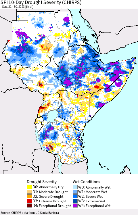 Eastern Africa SPI 10-Day Drought Severity (CHIRPS) Thematic Map For 9/21/2023 - 9/30/2023