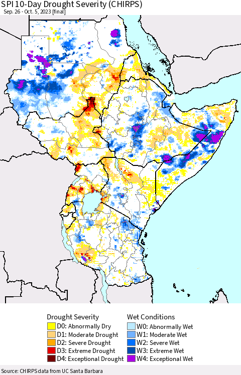 Eastern Africa SPI 10-Day Drought Severity (CHIRPS) Thematic Map For 9/26/2023 - 10/5/2023