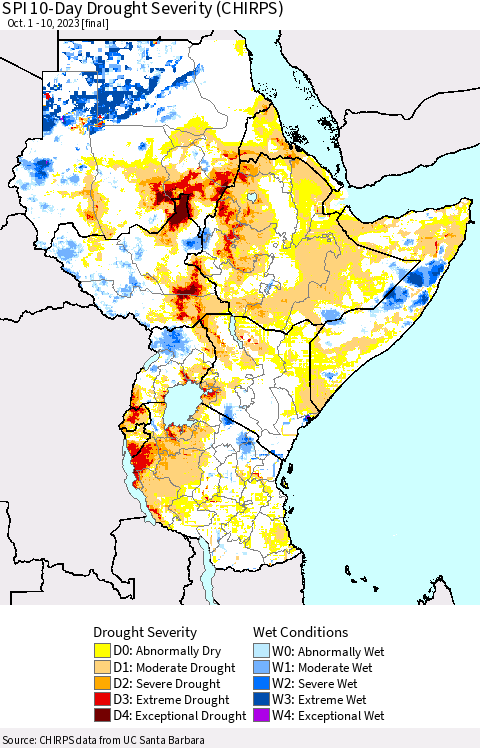 Eastern Africa SPI 10-Day Drought Severity (CHIRPS) Thematic Map For 10/1/2023 - 10/10/2023