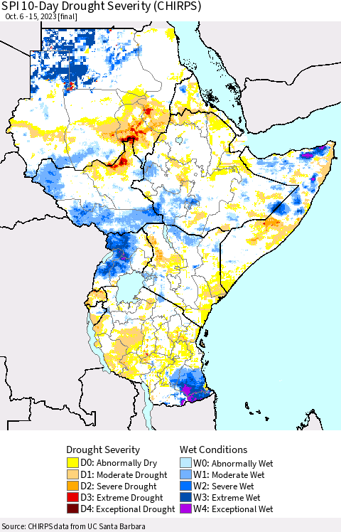 Eastern Africa SPI 10-Day Drought Severity (CHIRPS) Thematic Map For 10/6/2023 - 10/15/2023