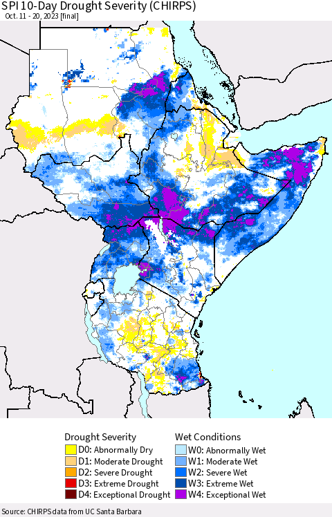 Eastern Africa SPI 10-Day Drought Severity (CHIRPS) Thematic Map For 10/11/2023 - 10/20/2023