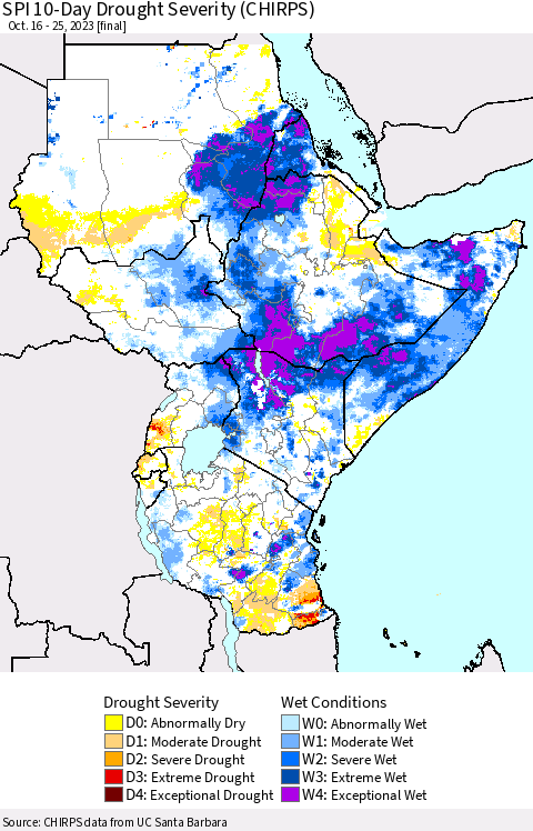 Eastern Africa SPI 10-Day Drought Severity (CHIRPS) Thematic Map For 10/16/2023 - 10/25/2023