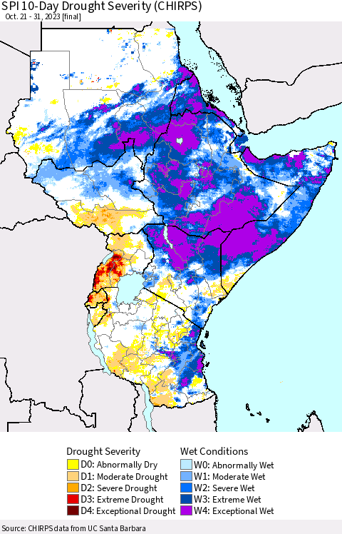 Eastern Africa SPI 10-Day Drought Severity (CHIRPS) Thematic Map For 10/21/2023 - 10/31/2023