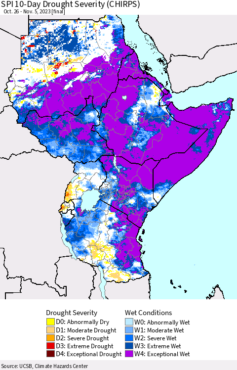Eastern Africa SPI 10-Day Drought Severity (CHIRPS) Thematic Map For 10/26/2023 - 11/5/2023