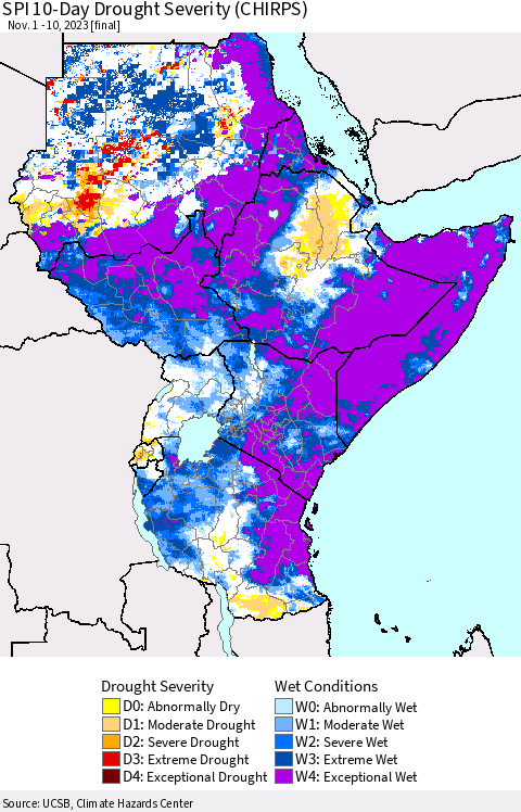 Eastern Africa SPI 10-Day Drought Severity (CHIRPS) Thematic Map For 11/1/2023 - 11/10/2023