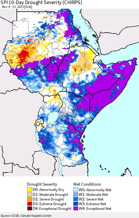 Eastern Africa SPI 10-Day Drought Severity (CHIRPS) Thematic Map For 11/6/2023 - 11/15/2023