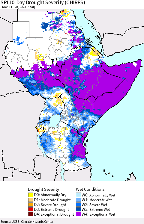 Eastern Africa SPI 10-Day Drought Severity (CHIRPS) Thematic Map For 11/11/2023 - 11/20/2023