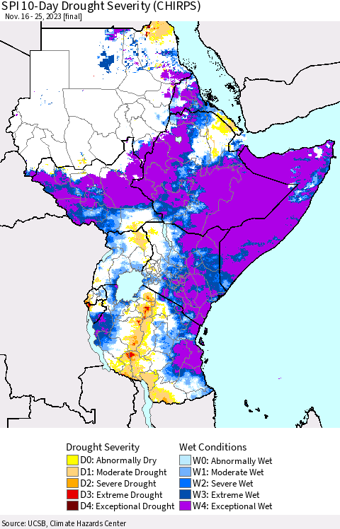 Eastern Africa SPI 10-Day Drought Severity (CHIRPS) Thematic Map For 11/16/2023 - 11/25/2023