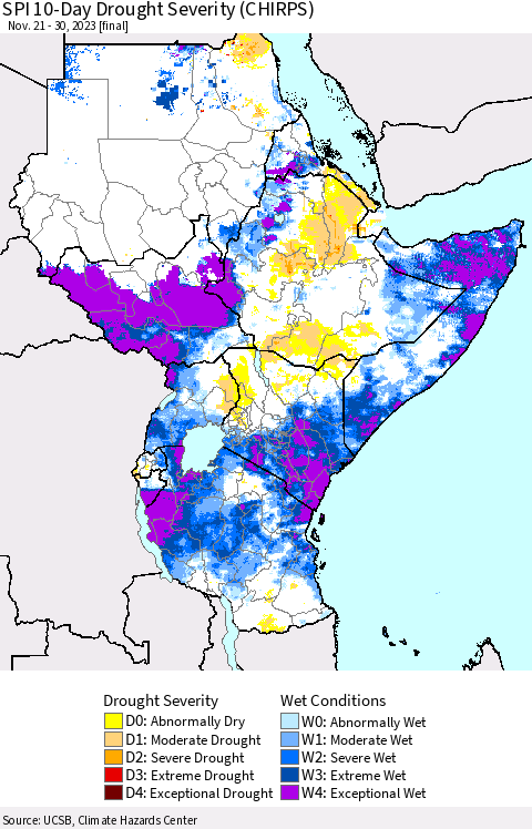 Eastern Africa SPI 10-Day Drought Severity (CHIRPS) Thematic Map For 11/21/2023 - 11/30/2023