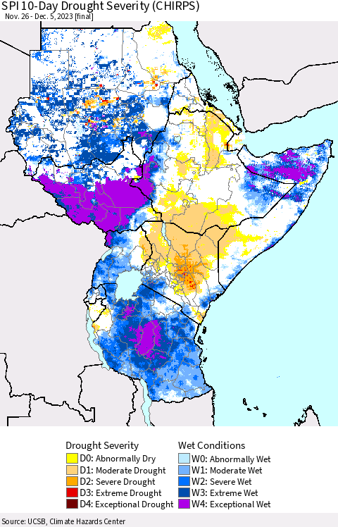 Eastern Africa SPI 10-Day Drought Severity (CHIRPS) Thematic Map For 11/26/2023 - 12/5/2023