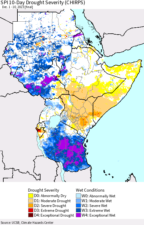 Eastern Africa SPI 10-Day Drought Severity (CHIRPS) Thematic Map For 12/1/2023 - 12/10/2023