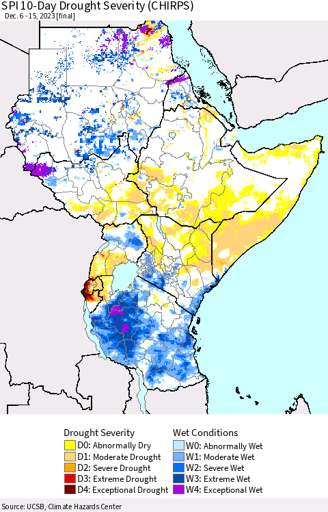 Eastern Africa SPI 10-Day Drought Severity (CHIRPS) Thematic Map For 12/6/2023 - 12/15/2023