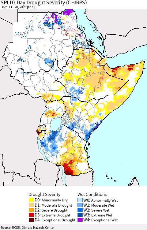 Eastern Africa SPI 10-Day Drought Severity (CHIRPS) Thematic Map For 12/11/2023 - 12/20/2023
