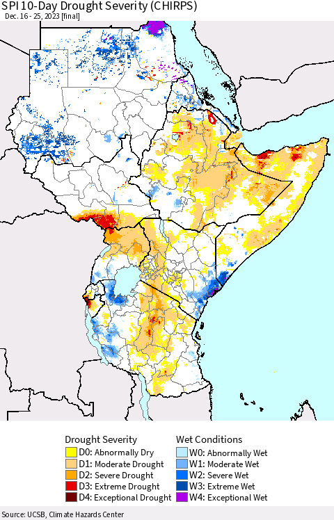 Eastern Africa SPI 10-Day Drought Severity (CHIRPS) Thematic Map For 12/16/2023 - 12/25/2023