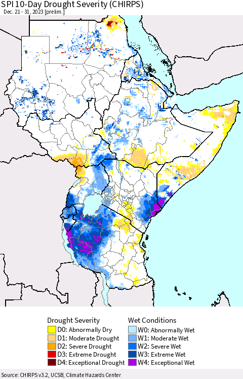 Eastern Africa SPI 10-Day Drought Severity (CHIRPS) Thematic Map For 12/21/2023 - 12/31/2023