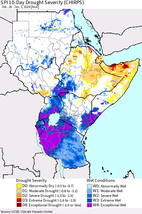 Eastern Africa SPI 10-Day Drought Severity (CHIRPS) Thematic Map For 12/26/2023 - 1/5/2024