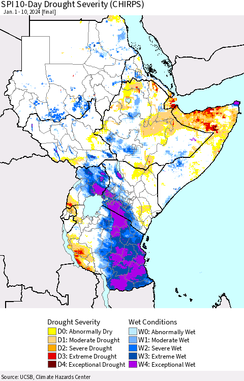 Eastern Africa SPI 10-Day Drought Severity (CHIRPS) Thematic Map For 1/1/2024 - 1/10/2024
